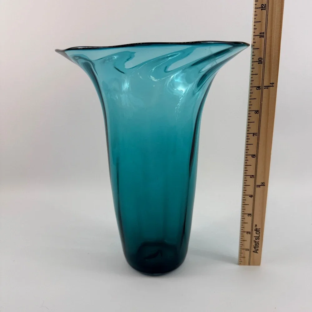 MCM Teal Swirl Optic Flared Glass Vase Blenko Style Pilgrim Rainbow Kanawha